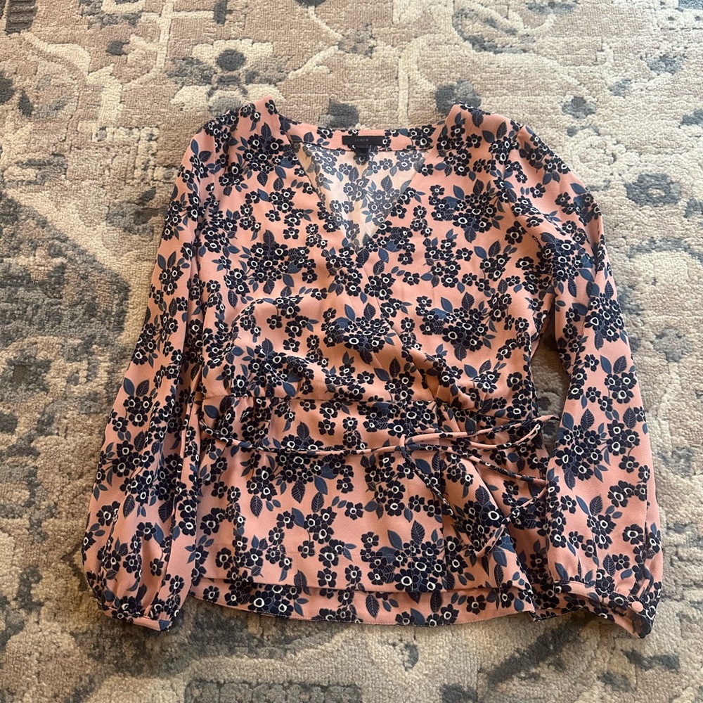 J. Crew Pink Floral Wrap Blouse with Navy Print